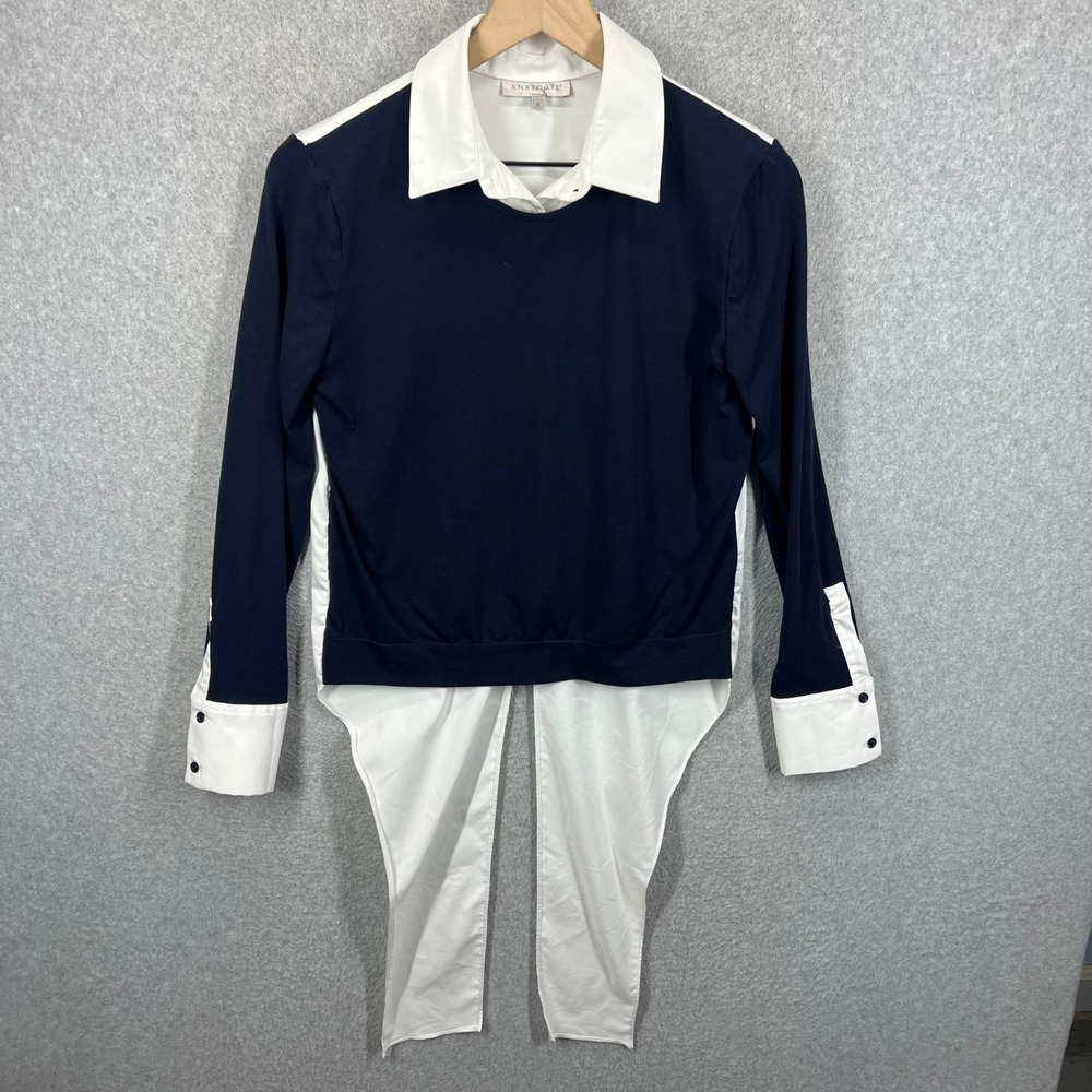 Anatomie Joss Top Women Size S Navy White Layered Mixed Media Long Sleeve EUC‎